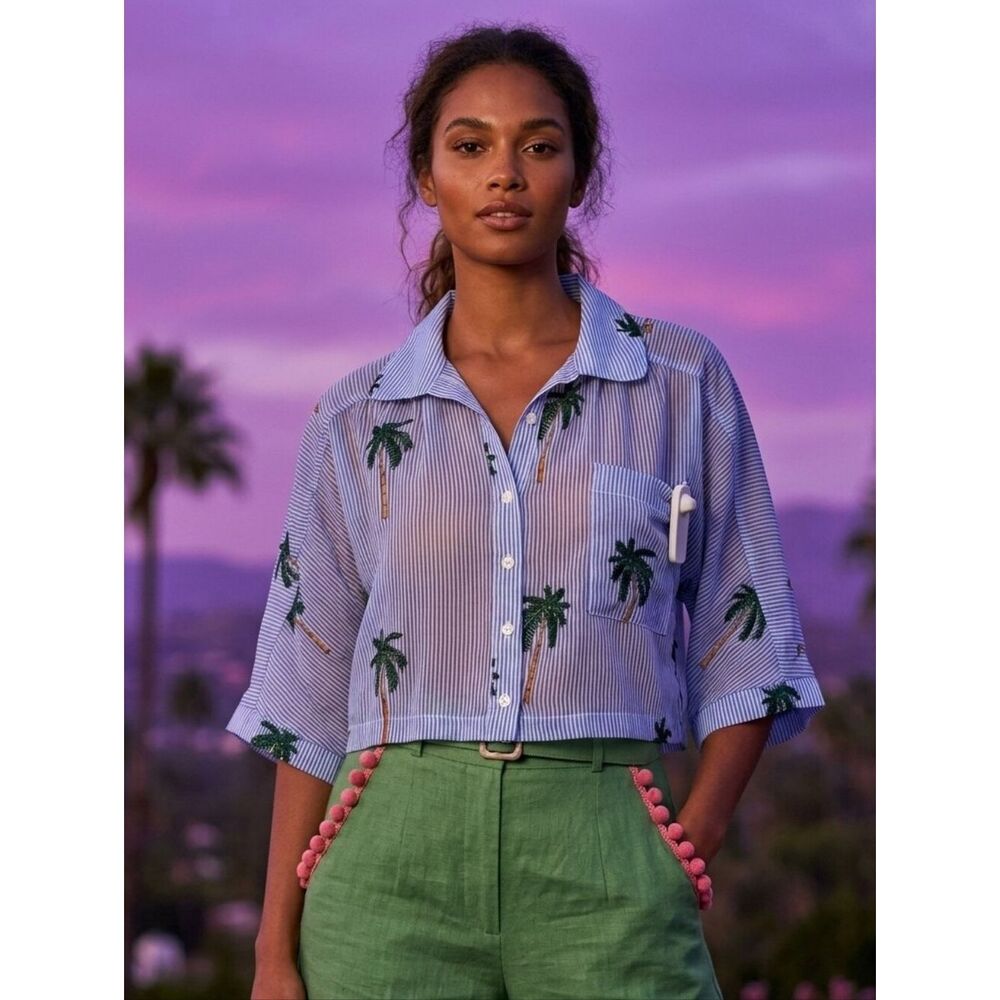 Violet Sky Striped Palm Tree Cropped Button Up Shirt - Size L (NWT)